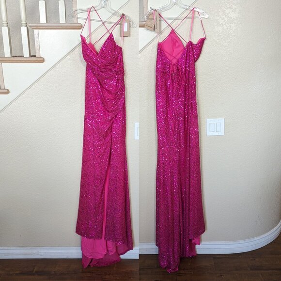 Fuchsia Pink Sequin Sleeveless Formal Prom Wedding Evening Dress 14 - Picture 2 of 4